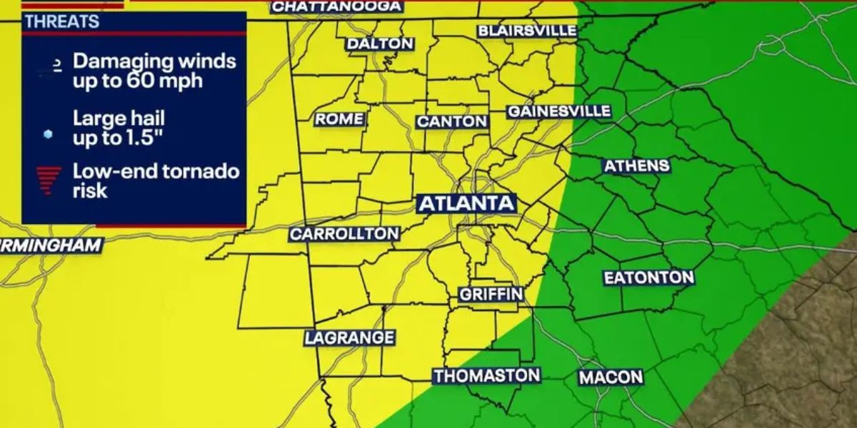 Severe Weather Warning for Atlanta Damaging Winds and Storms from 2-9 p.m. Monday